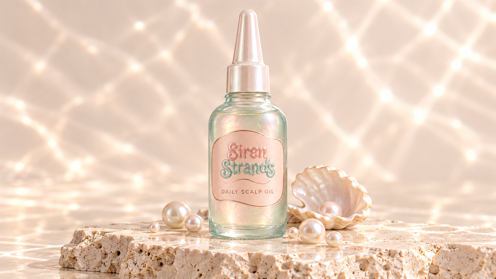 Siren Strands bottle centered on a travertine rock with pearls and a shell