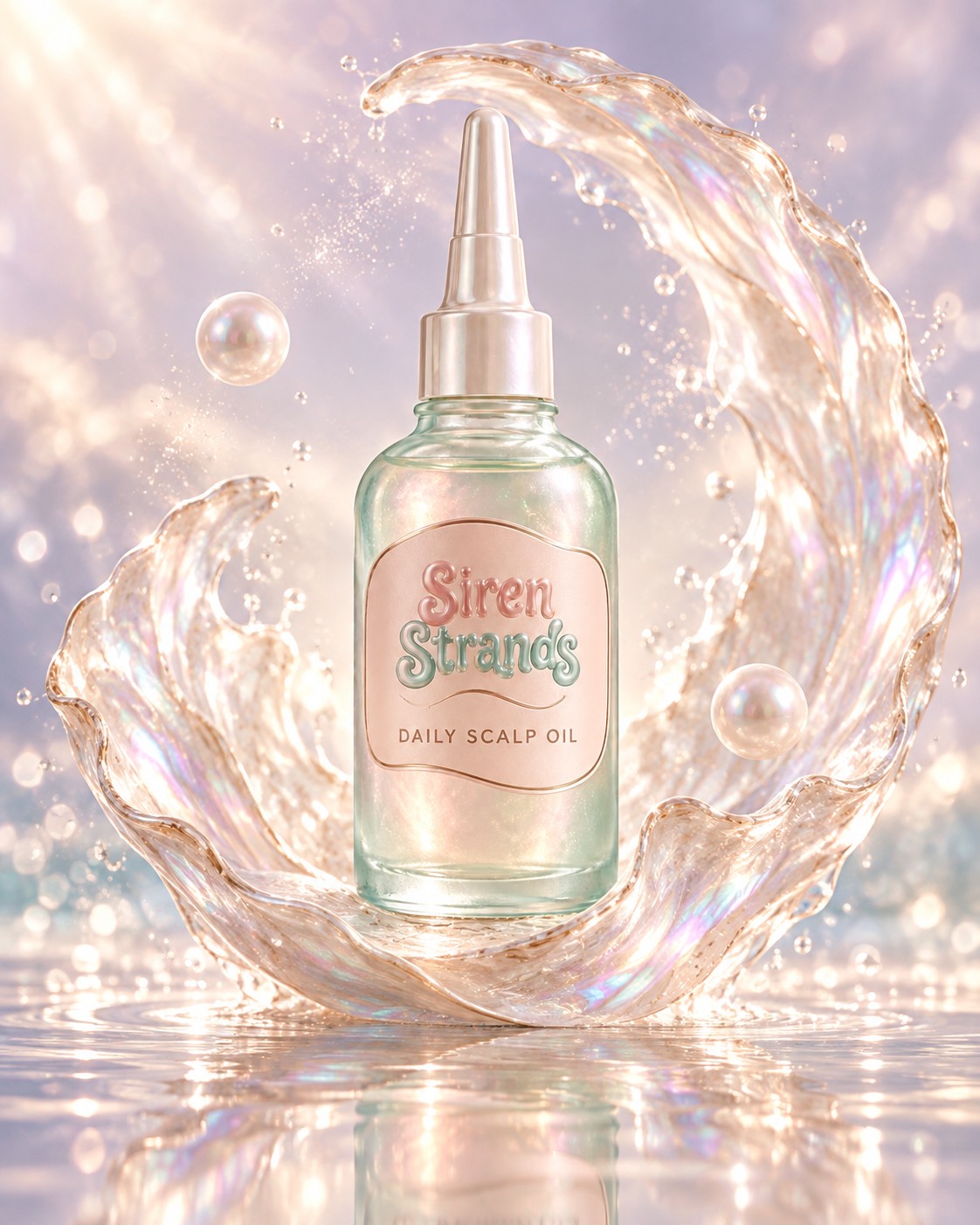 Slim Siren Strands Daily Scalp Oil bottle framed by an iridescent shell form and floating pearls